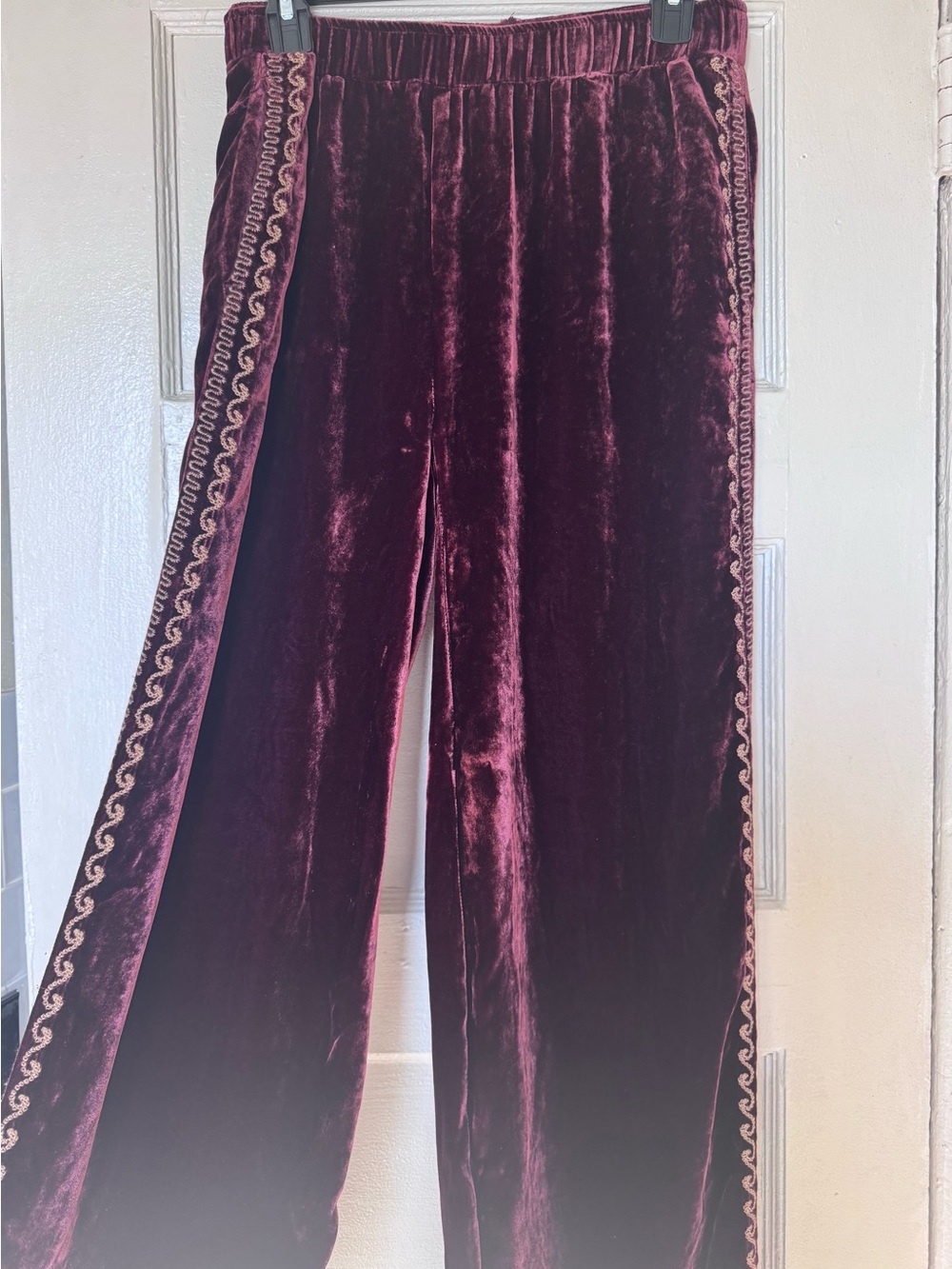 Johnny Was Velvet Wide-Leg Pants in Burgundy with Embroidered Trim